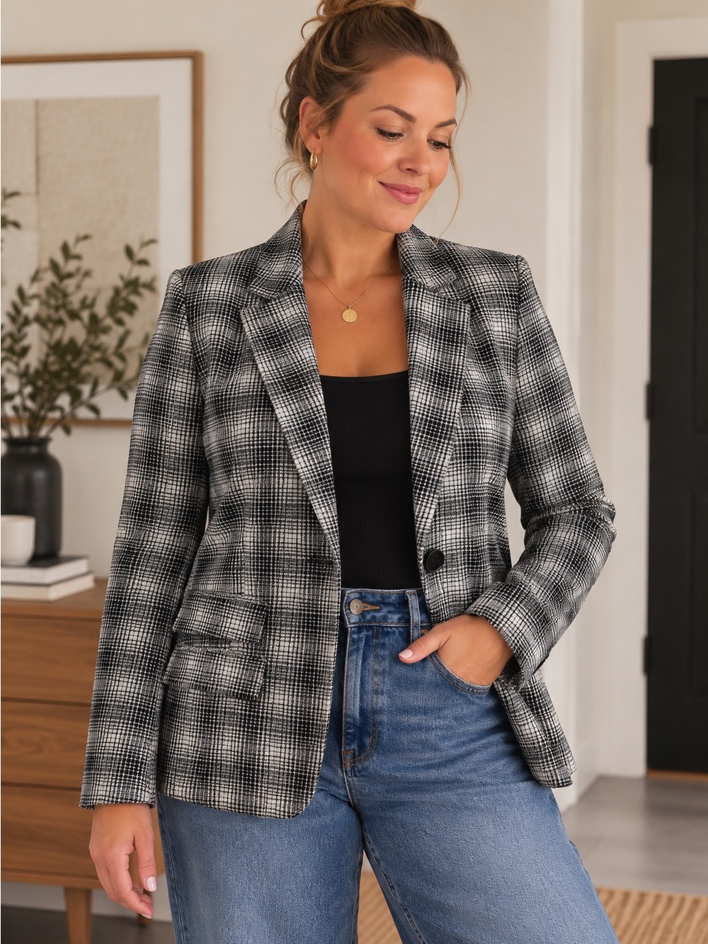 Maeve X Anthropologie Plaid Knit Blazer Black Gray White Stretch Tailored Jacket